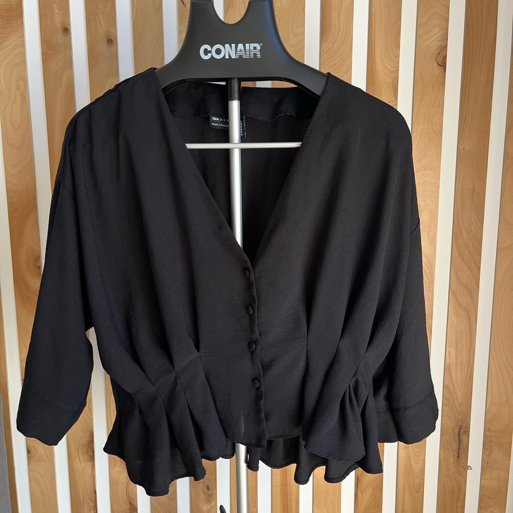 ASOS Black Peplum Button-Up Tea Blouse